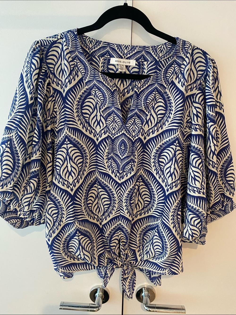 Rose & Olive blue and White Printed Tie-Front Blouse